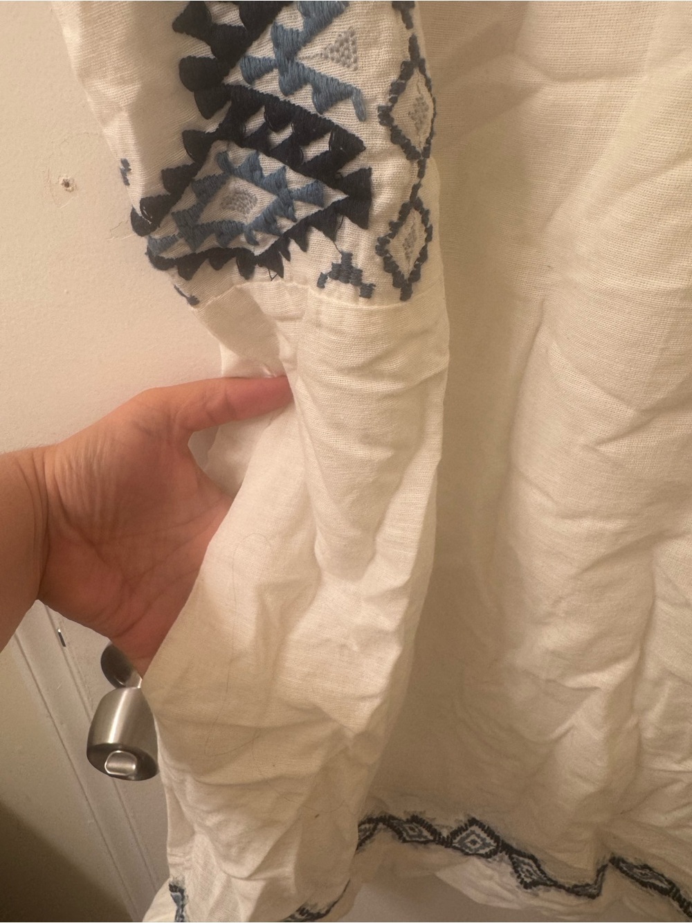 NWOT Lucky Brand Cream dress with Blue Geometric Embroidery - Picture 4 of 7